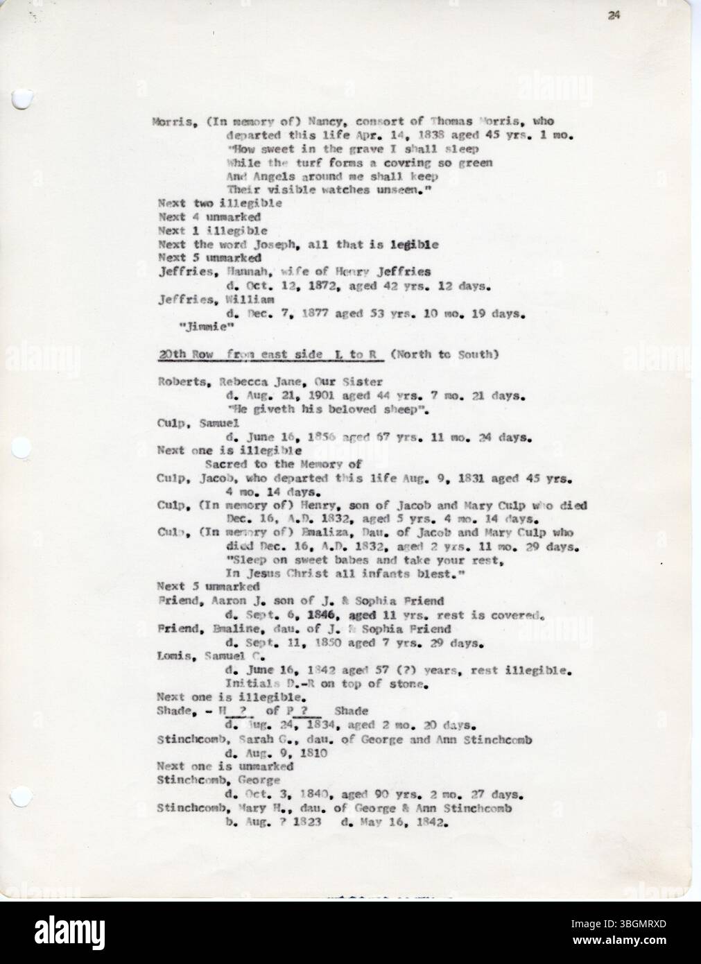 Questo record contiene iscrizioni al cimitero della contea di Fairfield, Ohio, raccolte da D.W. Denton tra il 1963 e il 1966. I cimiteri inclusi sono il Keller Cemetery, il Stevenson's Cemetery, il Reid-Stoltz-Saum Cemetery, il New Salem M.E. Cemetery e molto altro ancora. Foto Stock