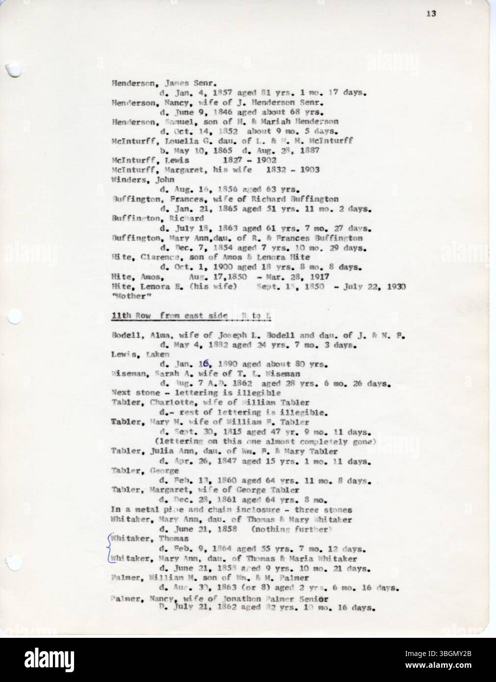 Questo record contiene iscrizioni al cimitero della contea di Fairfield, Ohio, raccolte da D.W. Denton tra il 1963 e il 1966. I cimiteri inclusi sono il Keller Cemetery, il Stevenson's Cemetery, il Reid-Stoltz-Saum Cemetery, il New Salem M.E. Cemetery e molto altro ancora. Foto Stock