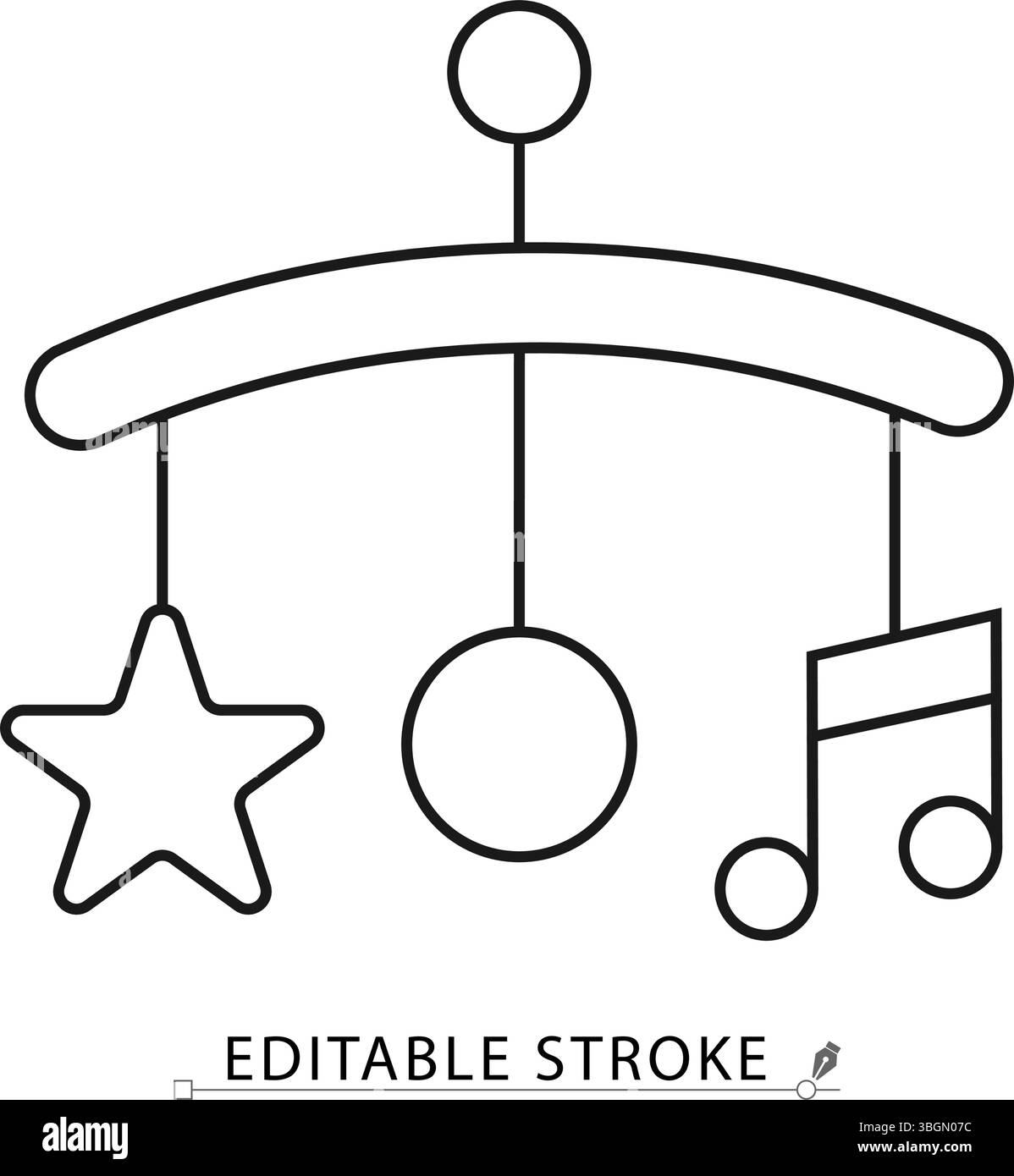 Icona della giostrina per bambini con contorno nero minimale con stella, palla e note musicali su sfondo bianco. Vettore ictus modificabile per il giocattolo infantile Illustrazione Vettoriale