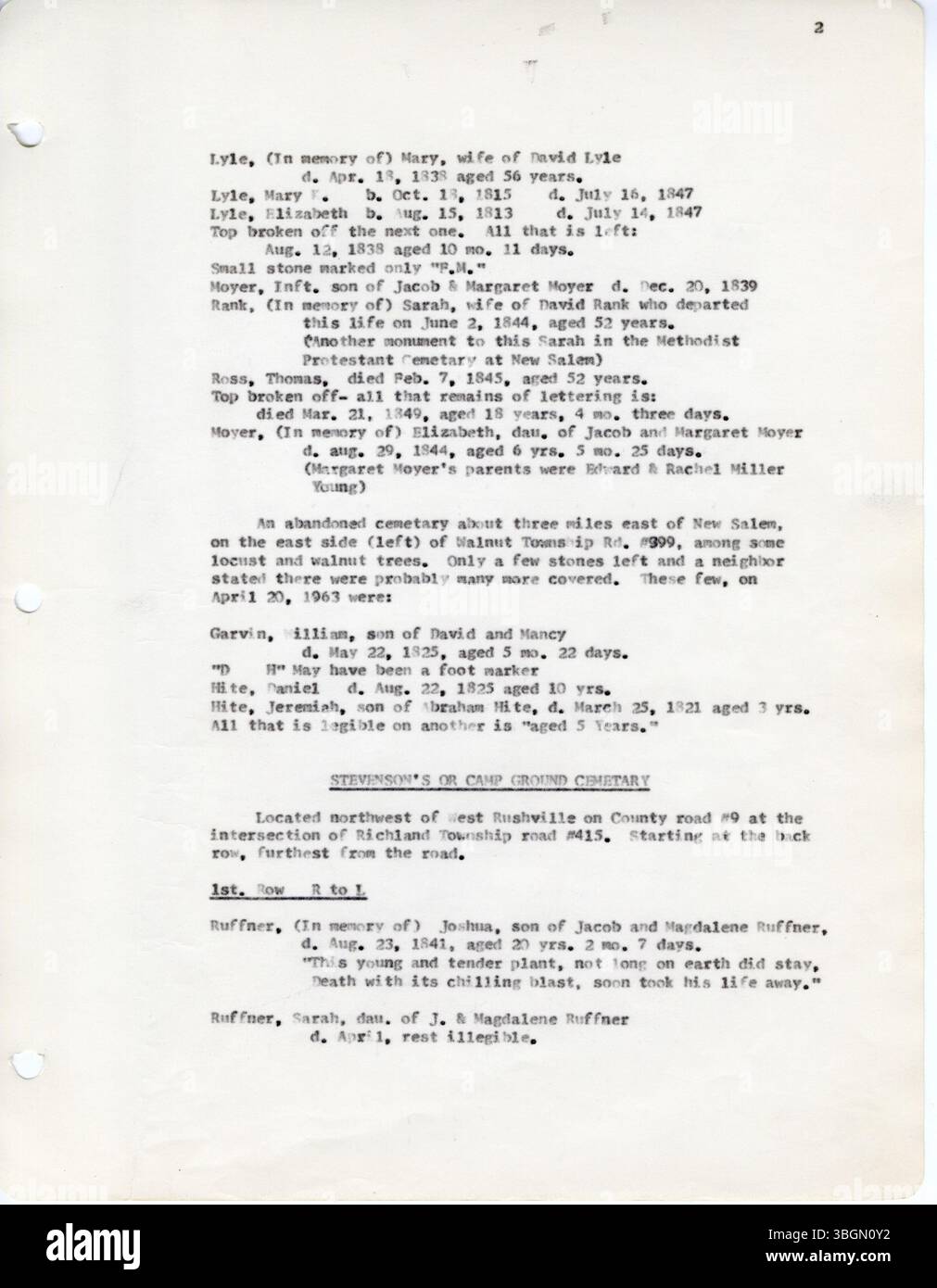 Questo volume contiene iscrizioni cimiteriali provenienti da vari cimiteri della contea di Fairfield, Ohio, registrate da D. W. Denton nel 1963. Sono inclusi il Keller Cemetery e il Stevenson's Cemetery. Foto Stock