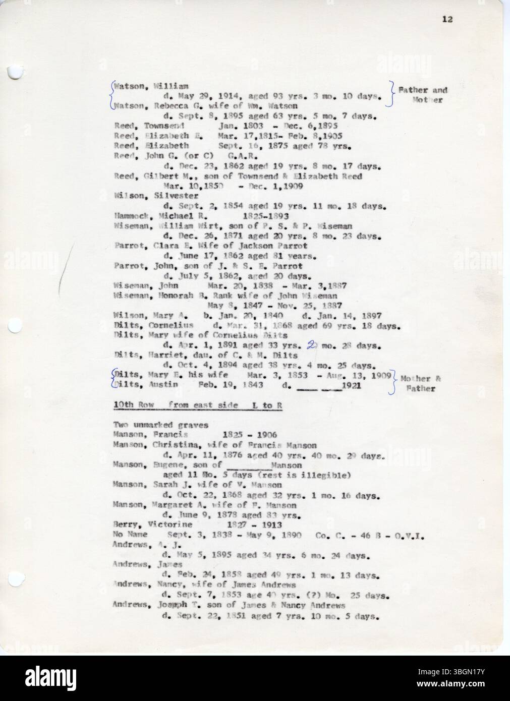 Questo record contiene iscrizioni al cimitero della contea di Fairfield, Ohio, raccolte da D.W. Denton tra il 1963 e il 1966. I cimiteri inclusi sono il Keller Cemetery, il Stevenson's Cemetery, il Reid-Stoltz-Saum Cemetery, il New Salem M.E. Cemetery e molto altro ancora. Foto Stock