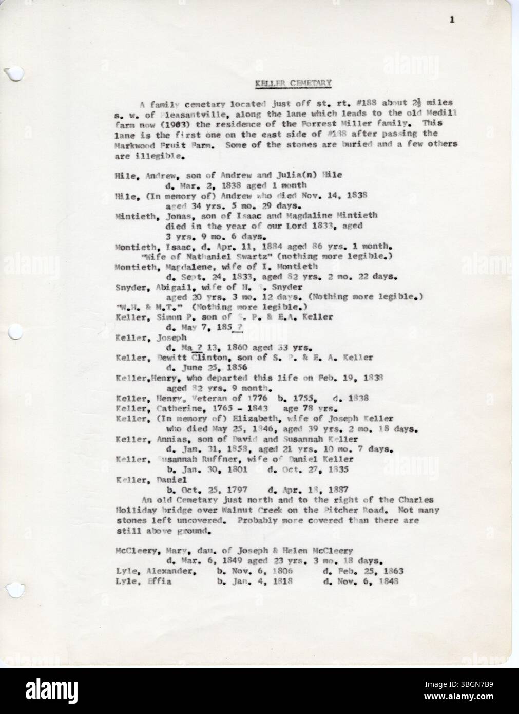 Questo record consiste di iscrizioni al cimitero della contea di Fairfield, Ohio, registrate da D. W. Denton nel 1963. I cimiteri inclusi sono il Keller Cemetery, il Stevenson's Cemetery e il Small Family Cemetery. Foto Stock