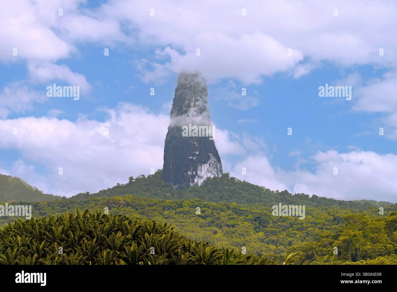 Pico Cao grande e piantagioni di olio di palma nel sud dell'isola di Sao Tome nell'Africa occidentale Foto Stock
