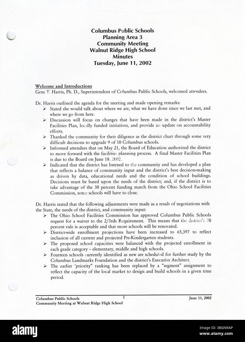 Questa sezione del master plan 2002 Columbus Public Schools si concentra sulla valutazione delle condizioni delle strutture e sulla proposta di soluzioni a lungo termine per il miglioramento delle infrastrutture in tutto il distretto. Foto Stock