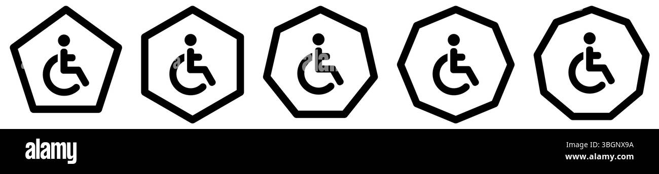 Icona persona disabilitata nei poligoni con numero diverso di bordi. Segno di handicap Illustrazione Vettoriale