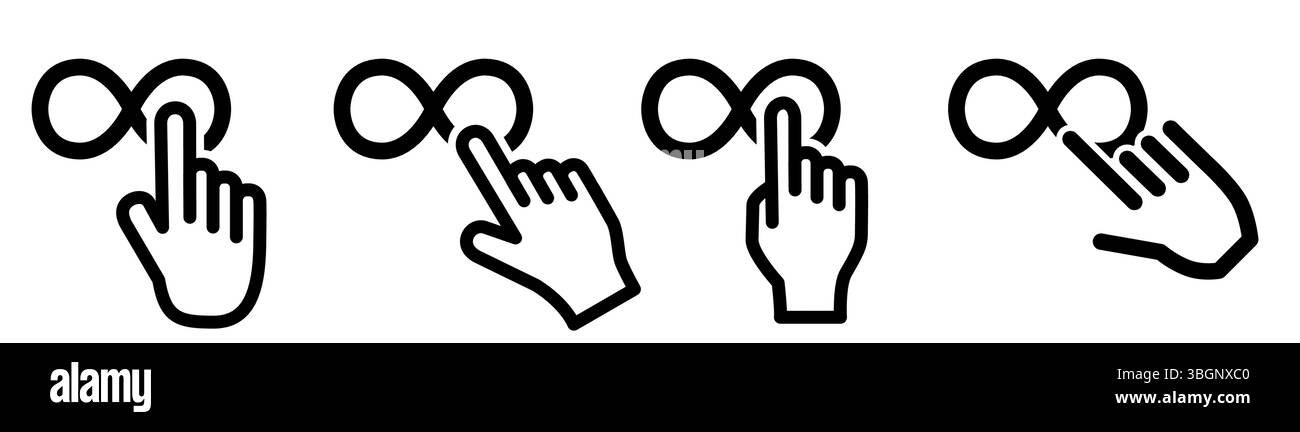 Dito che punta sull'icona infinito. Concetto di selezione illimitata o clic sull'oggetto Illustrazione Vettoriale