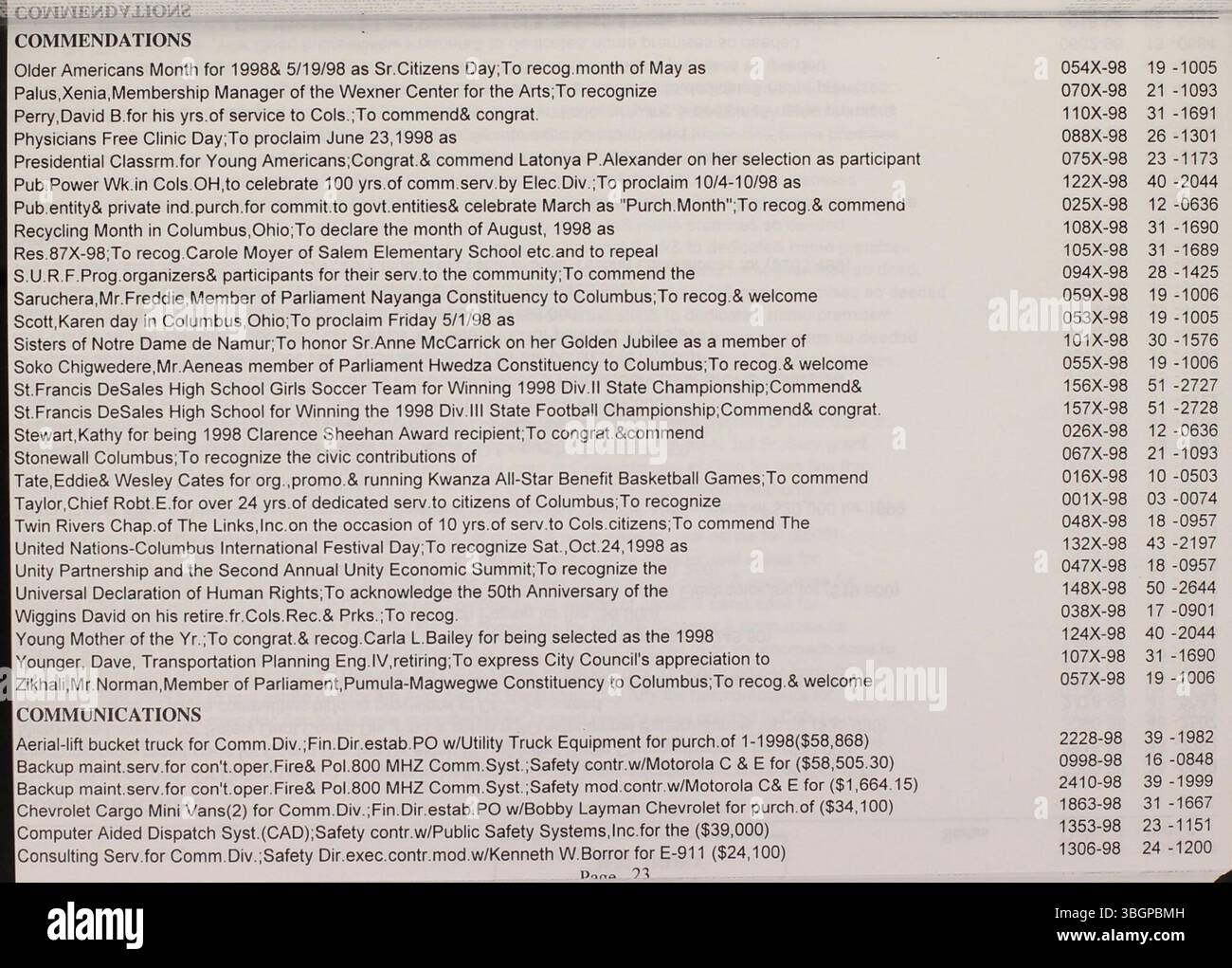 Il Columbus City Bulletin del 1998, supervisionato dall'impiegato comunale, fornisce i registri dei procedimenti del consiglio comunale, le pubblicità per offerte, proposte, ordinanze, risoluzioni, note di servizio pubblico e attività di acquisto che descrivono in dettaglio le azioni ufficiali intraprese da tutti i dipartimenti della città. Foto Stock