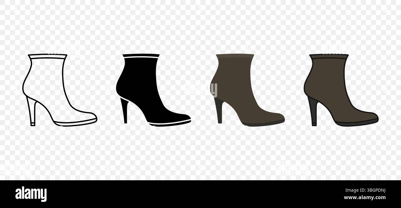 Set di icone Vector High Heel Boot (Avvio con tacco alto). Stivaletto vettoriale in stile Outline, silhouette e Flat. Simbolo stivale alla moda per l'app abbigliamento, negozio online, scarpe Illustrazione Vettoriale