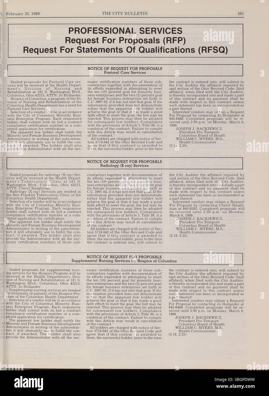 Questa sezione del Columbus City Bulletin 1989 tratta le riunioni del consiglio comunale, gli aggiornamenti del servizio pubblico, le ordinanze approvate e i registri pubblici sulle azioni del dipartimento cittadino. Foto Stock