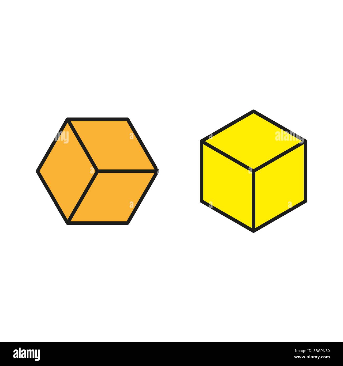 Icona a forma di cubo esagonale. Forma gialla e arancione. Forma geometrica 3D. Contrasto vettoriale. Illustrazione Vettoriale