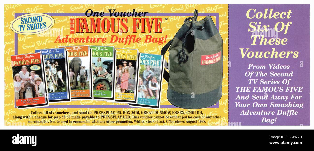 Voucher 1997 per il Regno Unito per la famosa collezione di cinque serie televisive in promozione video VHS, borsa Adventure Duffle Foto Stock