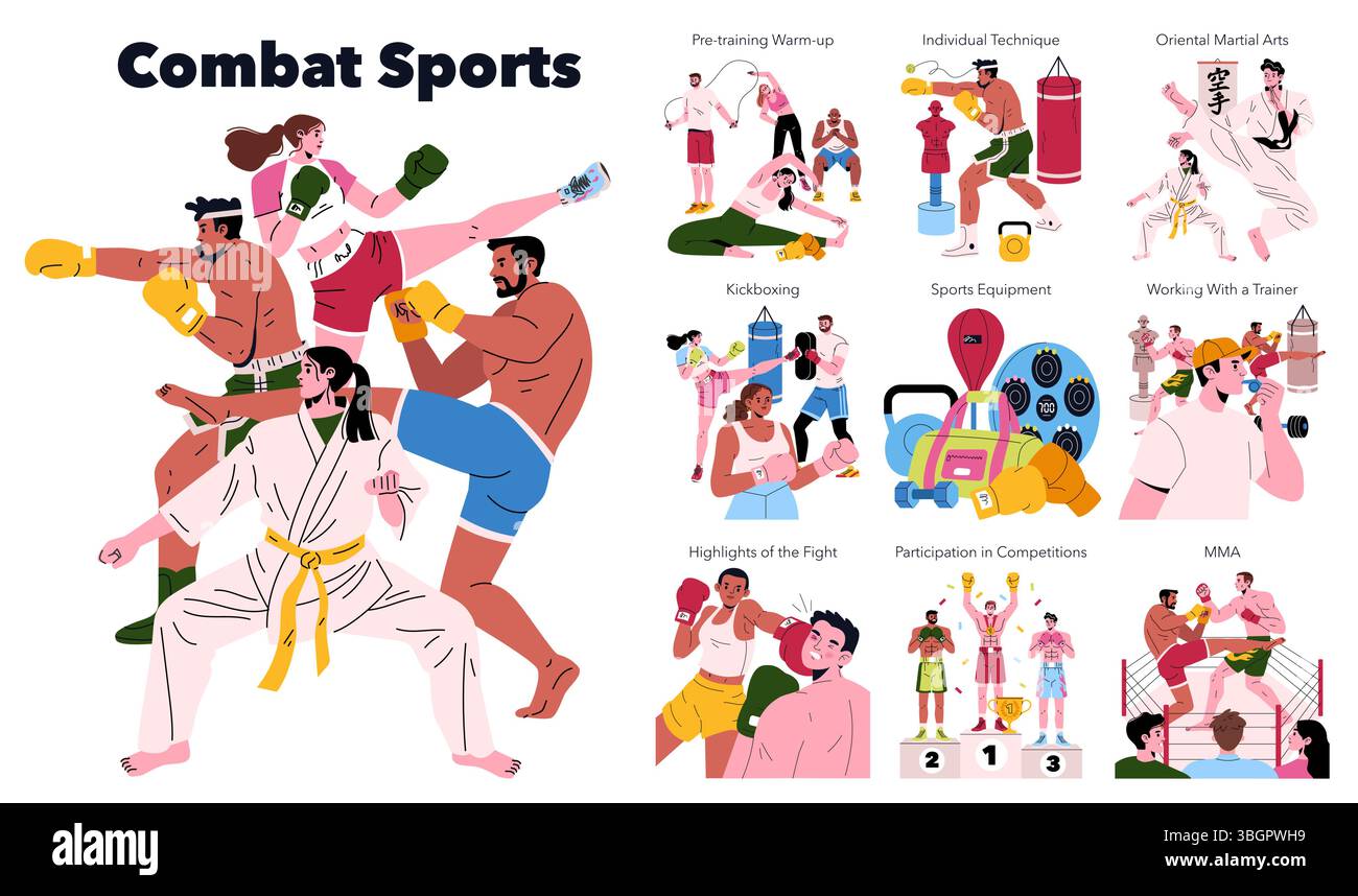 Illustrazione vettoriale che raffigura varie tecniche di combattimento, metodi di allenamento e attrezzature. Include scene di kickboxing, MMA, arti marziali orientali e tecniche individuali. Illustrazione Vettoriale