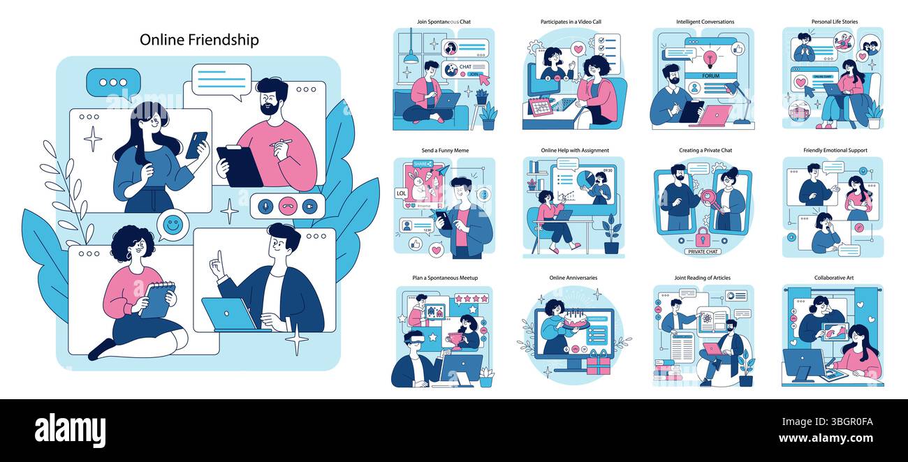 L'illustrazione vettoriale mostra diversi aspetti dell'amicizia e dell'interazione online. Le scene includono videochiamate chat private e condivisione di memi che evidenziano il lato emotivo della comunicazione digitale Illustrazione Vettoriale