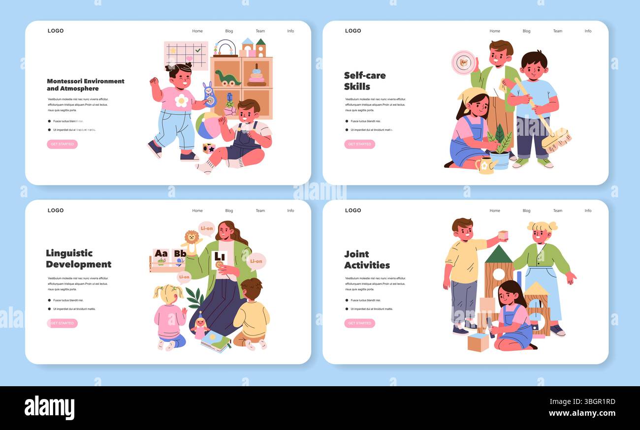 Serie di illustrazioni vettoriali che mostrano i bambini impegnati in attività Montessori. Enfasi sulle capacità di autoassistenza, lo sviluppo linguistico, le attività congiunte e un ambiente Montessori. Illustrazione Vettoriale