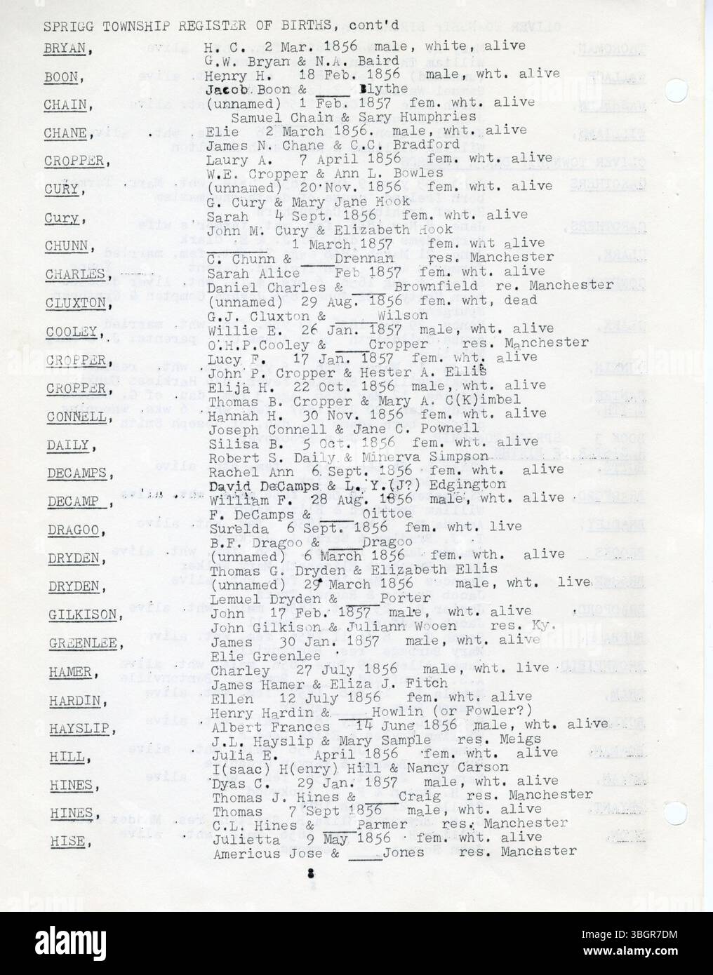 Il volume 2 della Birth and Death Records of Adams County, Ohio, contiene registrazioni vitali per l'anno che termina il 31 marzo 1857, che coprono The Scott, Liberty, Jefferson, e le township di Franklin. Foto Stock