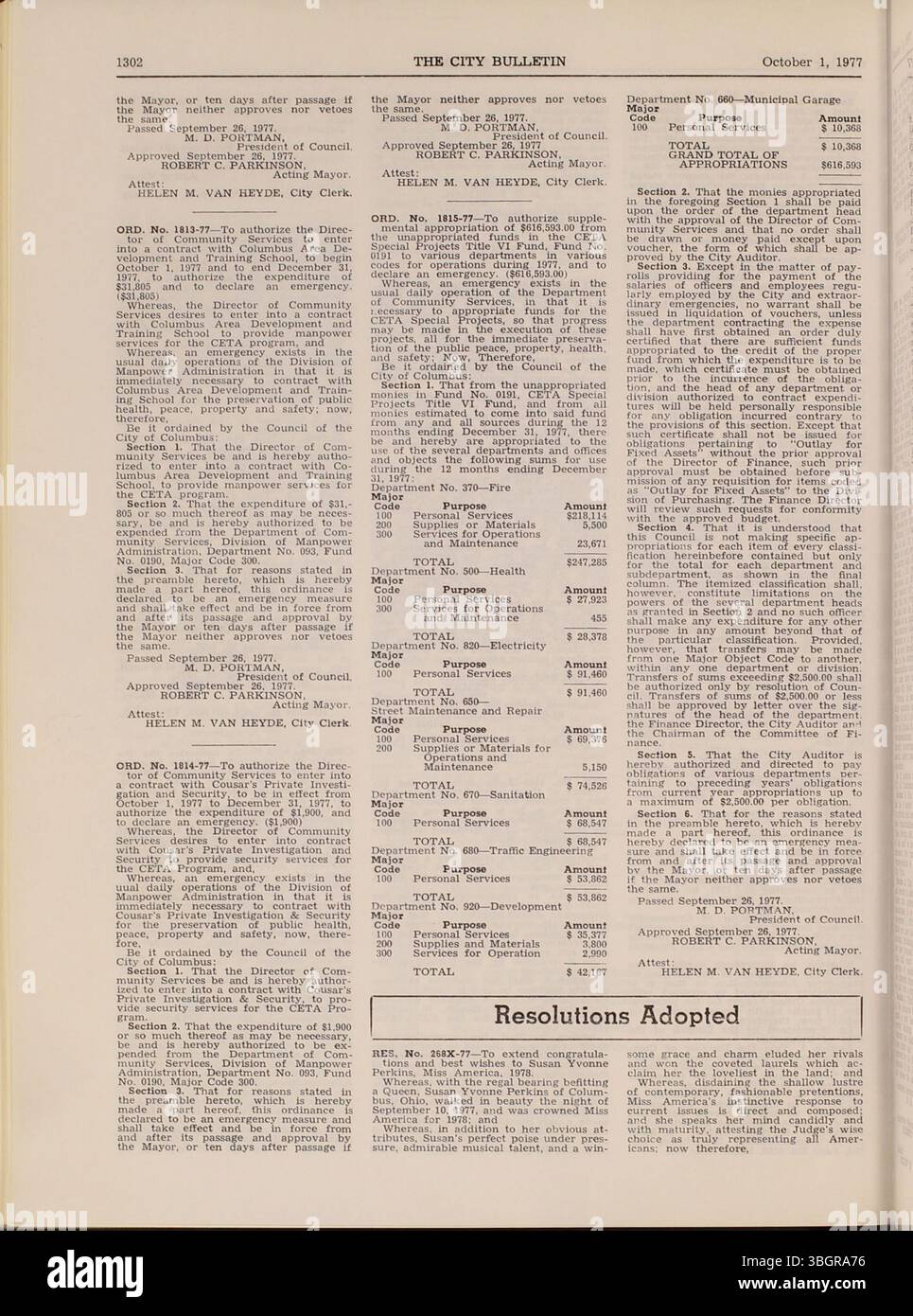 Il Columbus City Bulletin parte 2 del 1977 include i procedimenti del consiglio comunale, le ordinanze approvate, le risoluzioni adottate, le pubblicità per offerte e proposte, gli aggiornamenti del servizio pubblico e le attività del Consiglio di acquisto. Fornisce dettagli sulle azioni ufficiali dei dipartimenti della città, con aggiornamenti periodici sulla governance municipale. Foto Stock