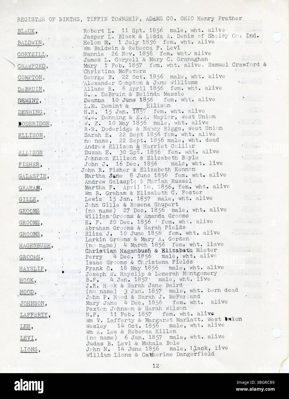 Questo volume contiene i registri di nascita e morte della contea di Adams, Ohio, del 1857, concentrandosi sulle township di Scott, Liberty, Jefferson e Franklin. Foto Stock
