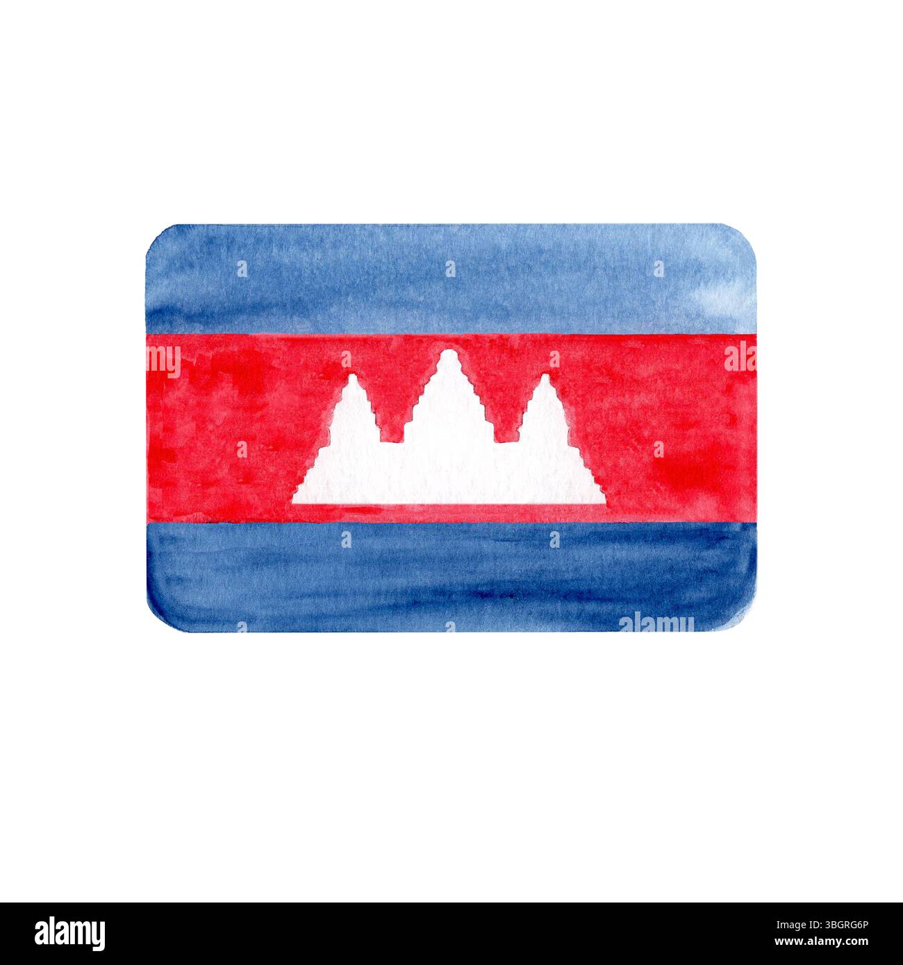 Bandiera nazionale della Cambogia con sagoma Angkor Wat in rosso, blu e bianco. Illustrazione ad acquerello dipinta a mano. Ideale per blog di viaggio e formazione Foto Stock