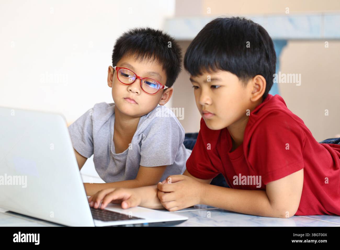 Due ragazzi si sono stesi fianco a fianco sul pavimento, assorbiti nel loro portatile. Le loro espressioni riflettono la curiosità e il coinvolgimento, mostrando un gioioso spettacolo di apprendimento Foto Stock