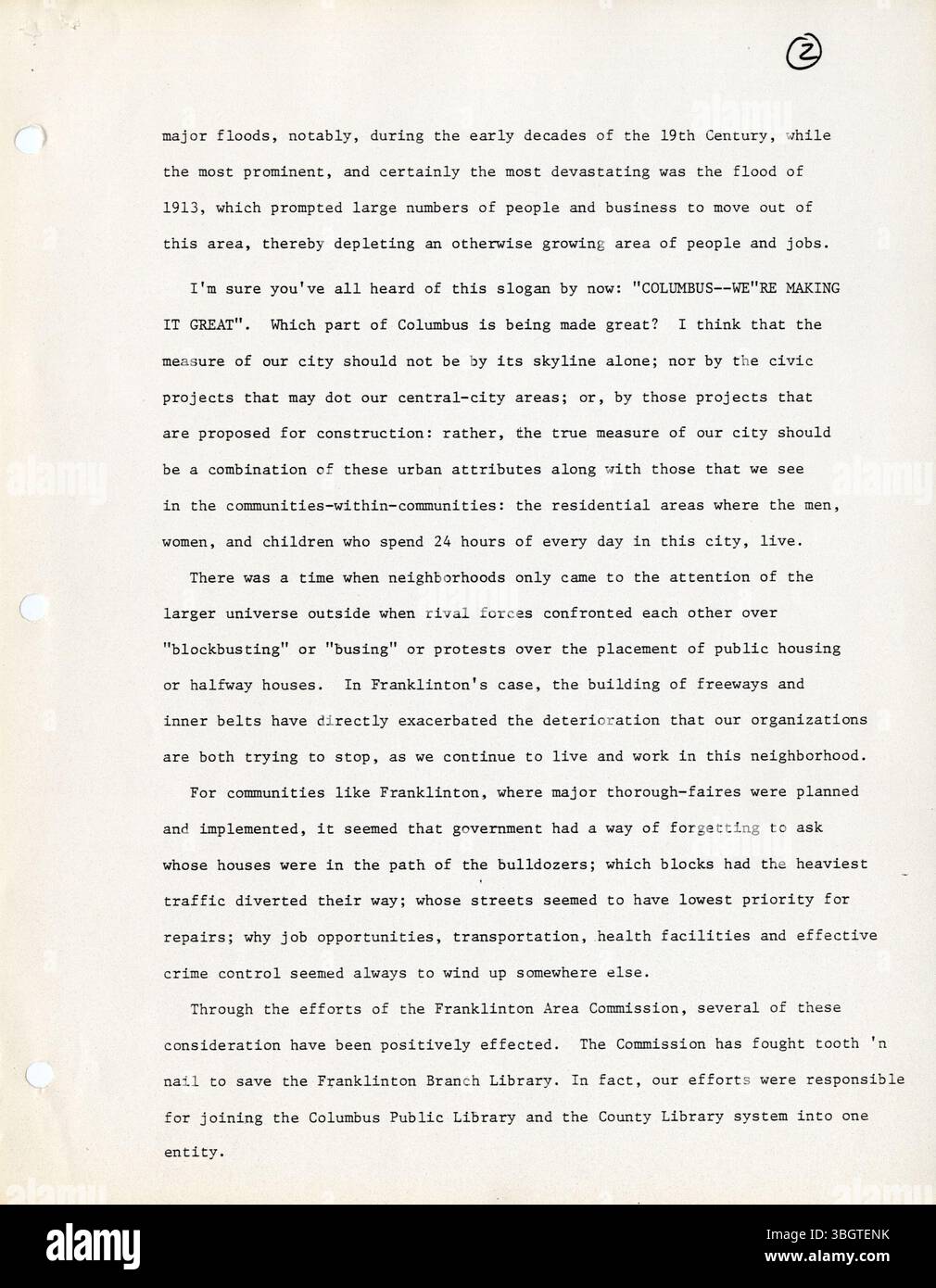 Questo record della riunione della commissione dell'area di Franklinton del luglio 1980 mette in evidenza le discussioni sui problemi immobiliari, il rinnovamento urbano e il contributo dei residenti nei processi di pianificazione urbana. Foto Stock