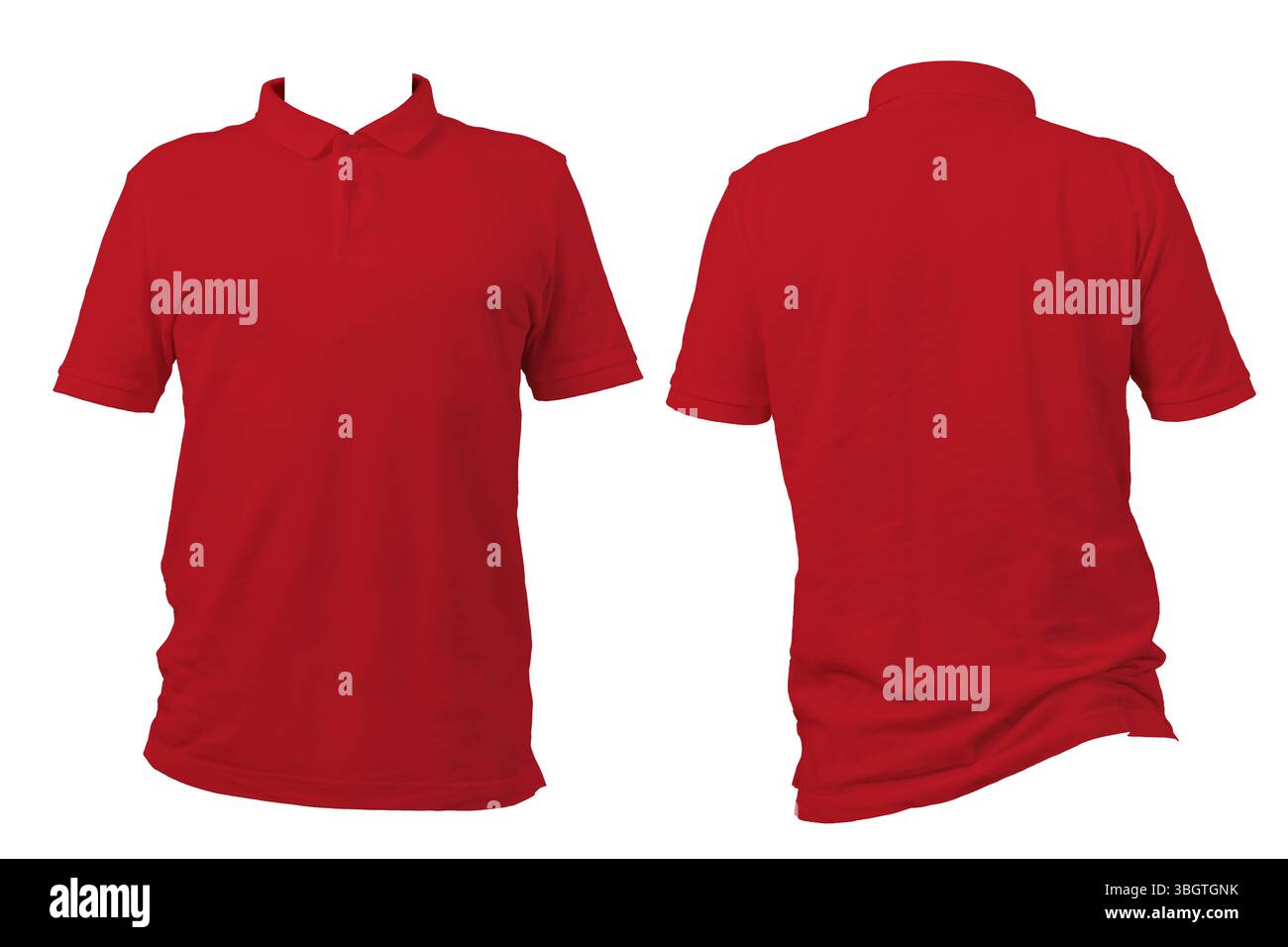 Polo rossa a manica corta vista frontale e posteriore isolata su sfondo bianco. Modello vuoto per design di abbigliamento, mockup di branding, catalogo moda, AN Foto Stock