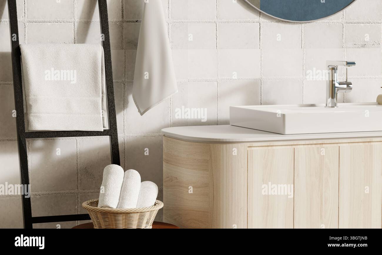 Interni moderni del bagno con arredi eleganti, illustrazioni in 3D. Foto Stock