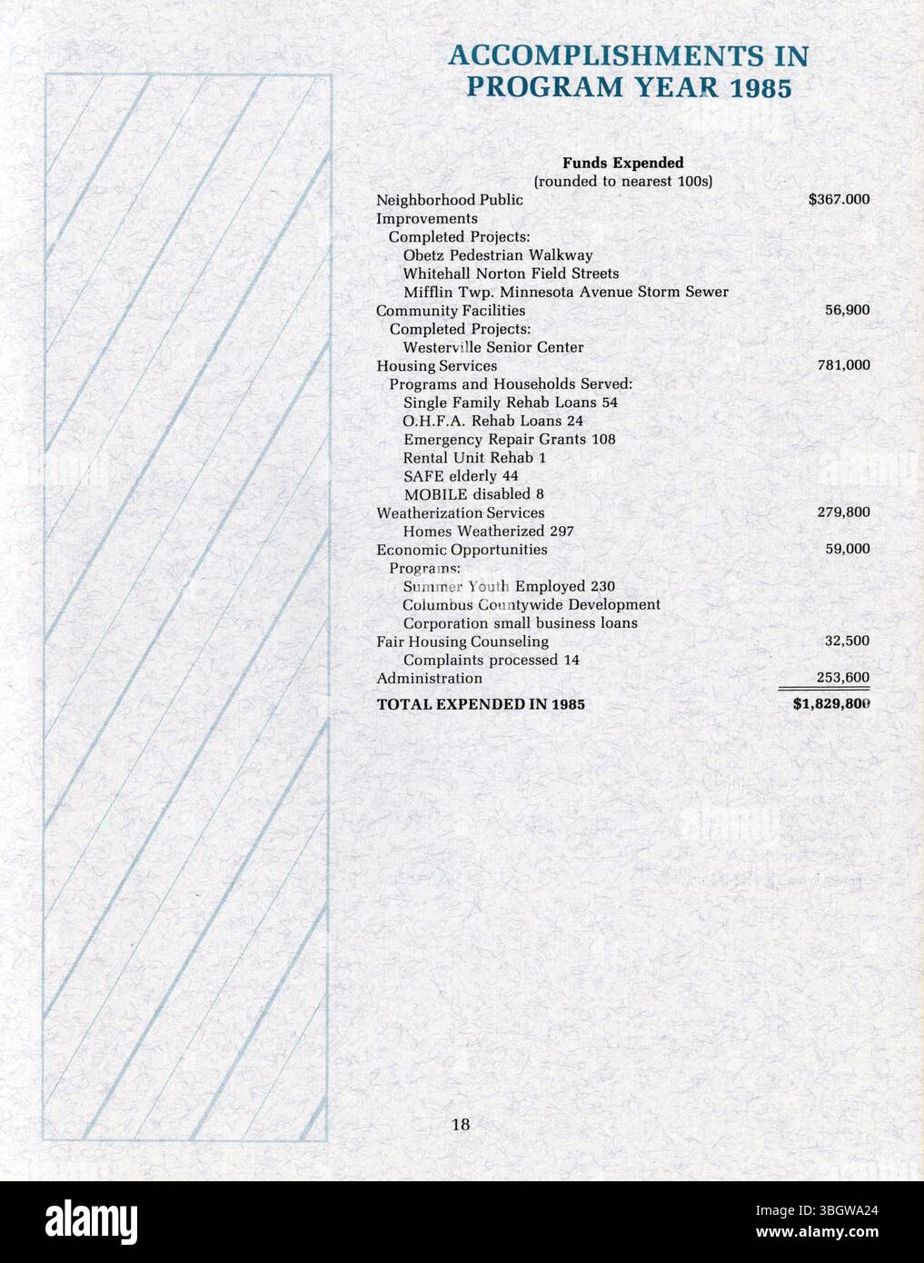 Il piano triennale per l'edilizia abitativa e lo sviluppo della comunità della contea di Franklin (1988-1990) delinea l'uso dei fondi del Community Development Block Grant (CDBG) per le aree al di fuori di Columbus, Ohio. Il piano è sviluppato dalla Mid-Ohio Regional Planning Commission (MORPC), sulla base delle esigenze e delle richieste delle comunità locali. La relazione evidenzia i principali progetti proposti per la regione nell'arco di un periodo di tre anni. Foto Stock