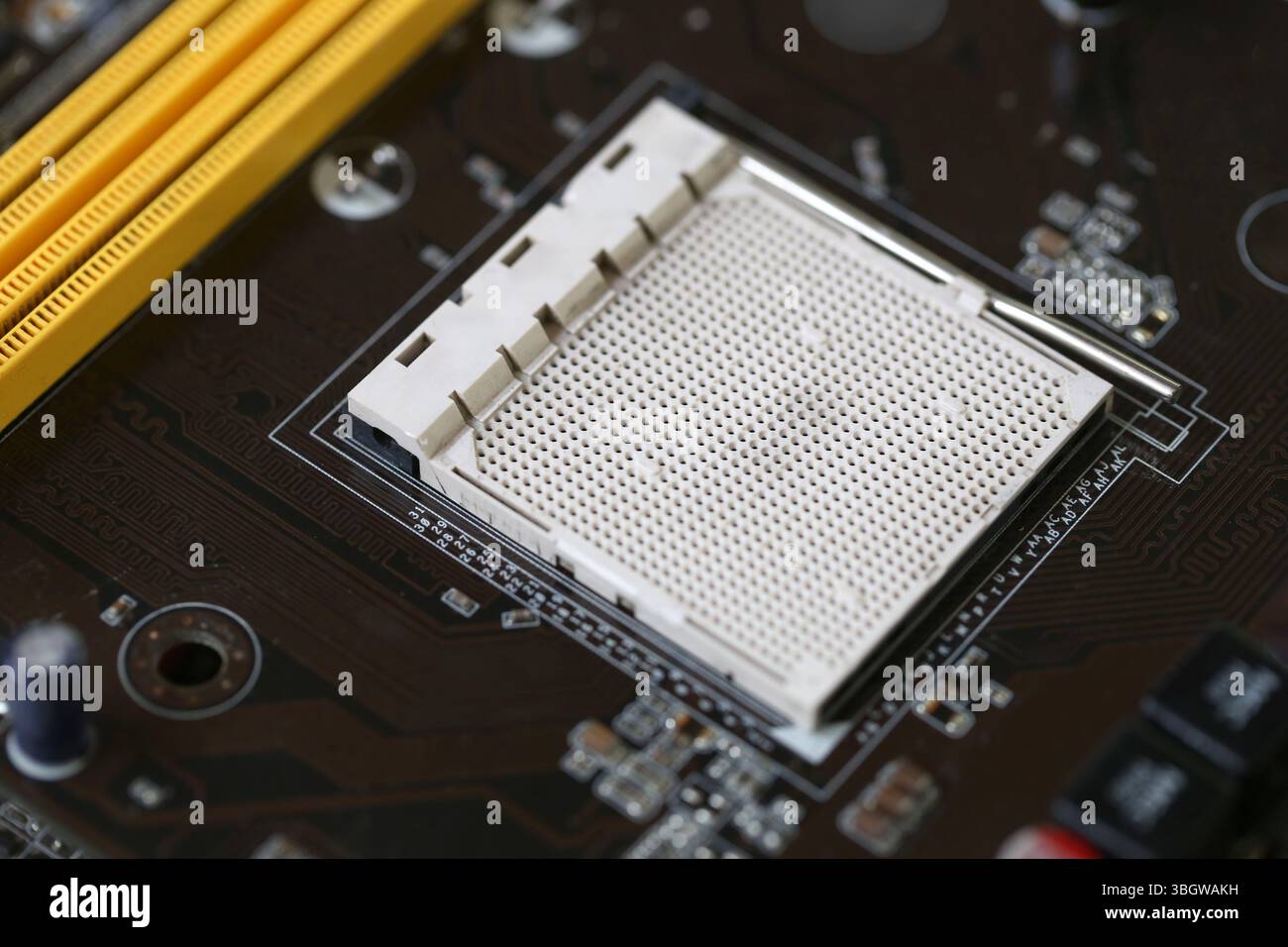 Concentratevi sugli slot CPU per illustrare l'architettura della tecnologia informatica, il background della scheda madre per apparecchiature informatiche per la progettazione nel vostro concetto di lavoro Foto Stock