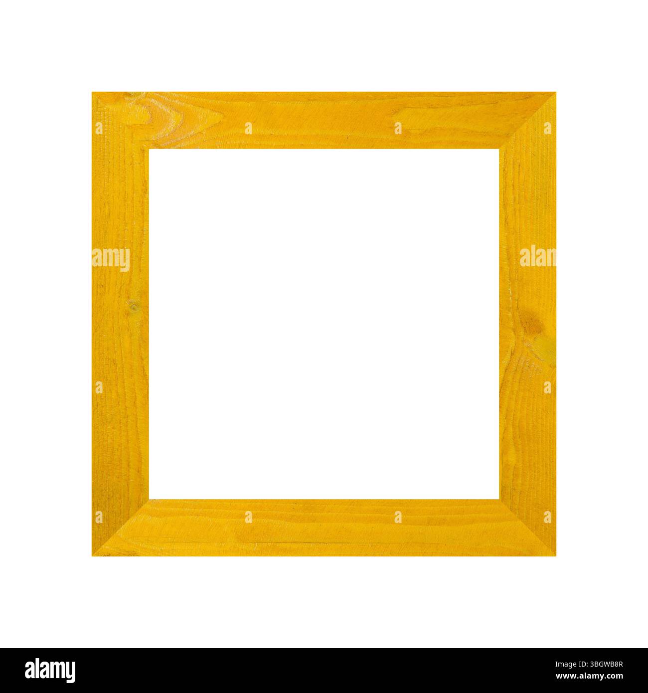 cornice gialla in legno isolata su sfondo bianco e con percorsi di ritaglio, cornice gialla brillante con interno vuoto, perfetta per la visualizzazione di opere d'arte Foto Stock