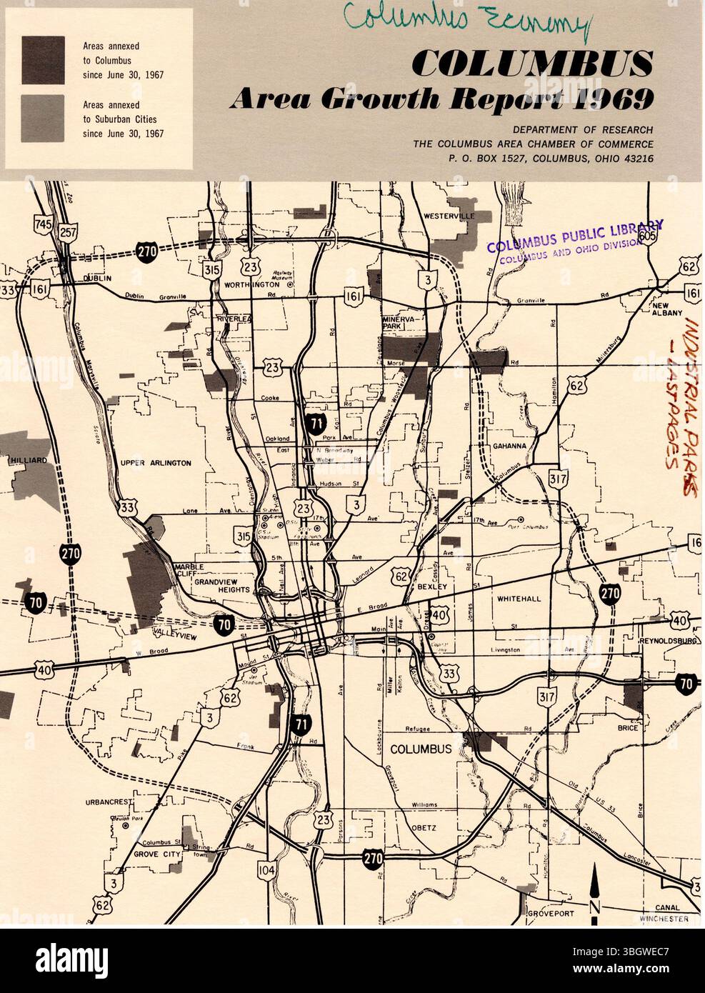 Questo rapporto del 1969 descrive in dettaglio l'annessione dei terreni, lo sviluppo delle imprese, i livelli di occupazione e i cambiamenti demografici nella regione di Columbus. Foto Stock