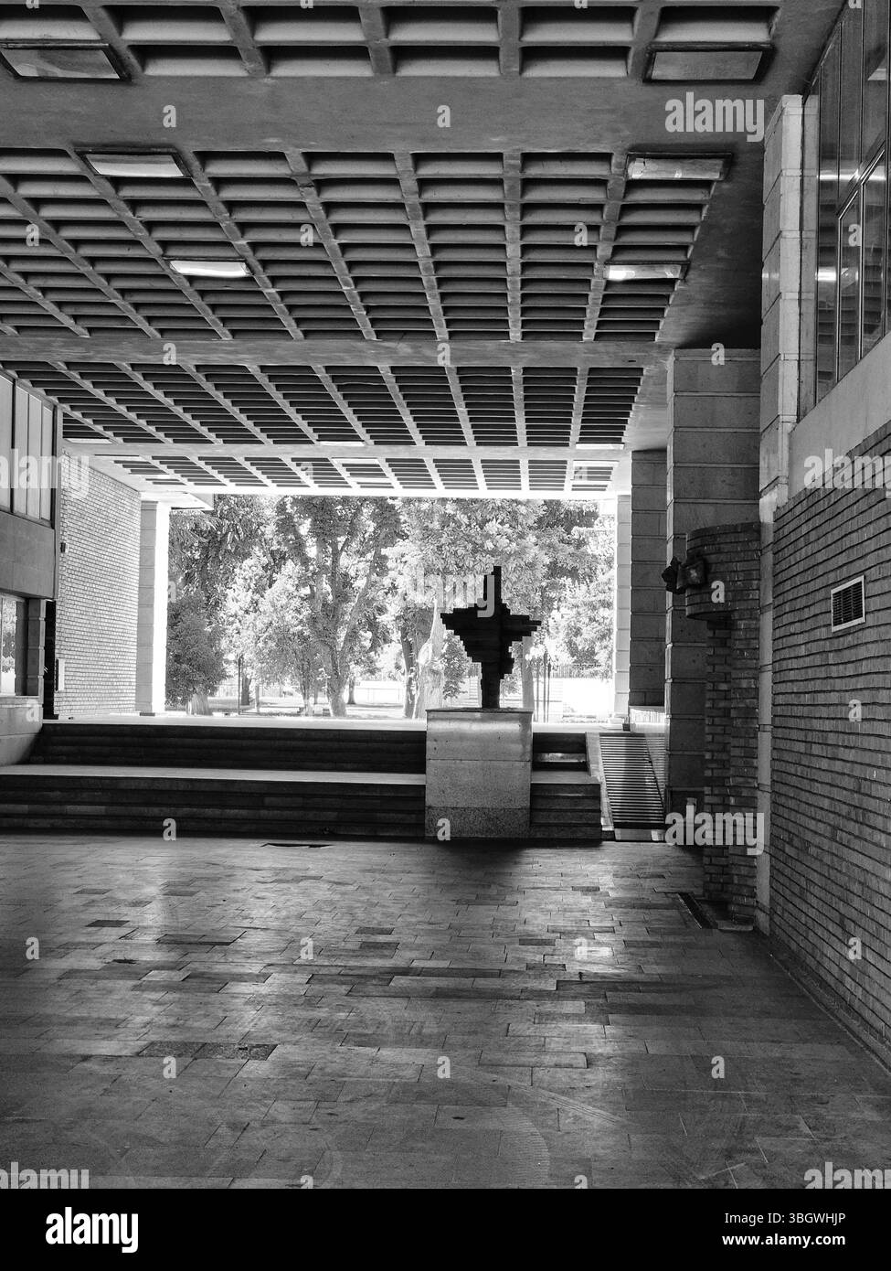 Ingresso ad un edificio costruito negli anni '80 soffitto insolito e installazione in legno. foto in bianco e nero - Immagine stock catturata con smartphone