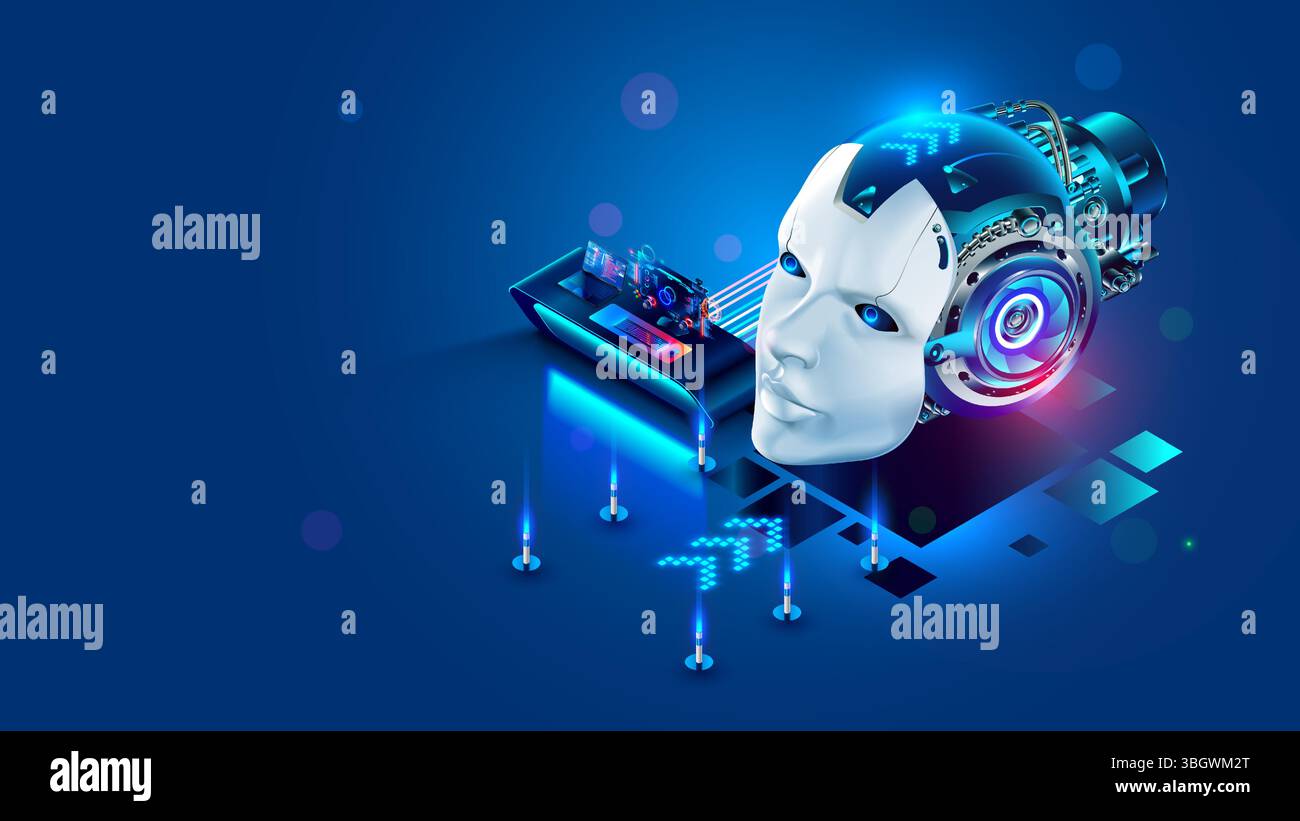 Una grande testa di robot con cervello elettronico, intelligenza artificiale è collegata a un computer in un laboratorio scientifico. Formazione di reti neurali A. Illustrazione Vettoriale