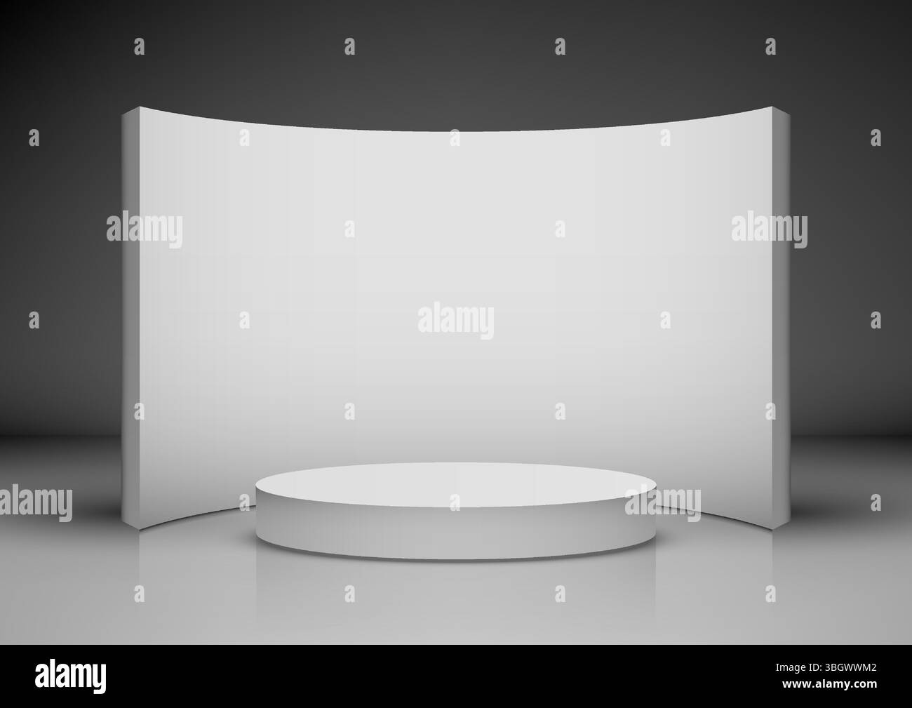 Scena in studio 3D con sfondo bianco curvo e podio, su una parete con sfumature scure e pavimento riflettente, espositori di prodotti moderni, mockup e Illustrazione Vettoriale