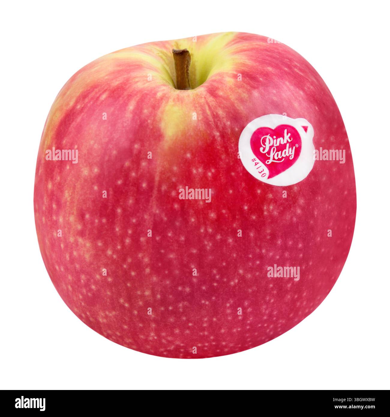Apple Pink Lady ed etichetta isolata su sfondo bianco Foto Stock