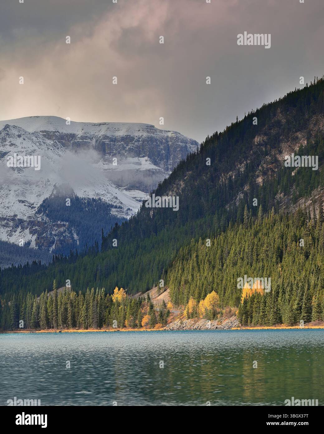 328 Lago Waterfowl inferiore blu turchese, verde smeraldo, ai piedi della Waputik Range, le sue vette più settentrionali sullo sfondo. Banff NP-Alberta-Canada. Foto Stock