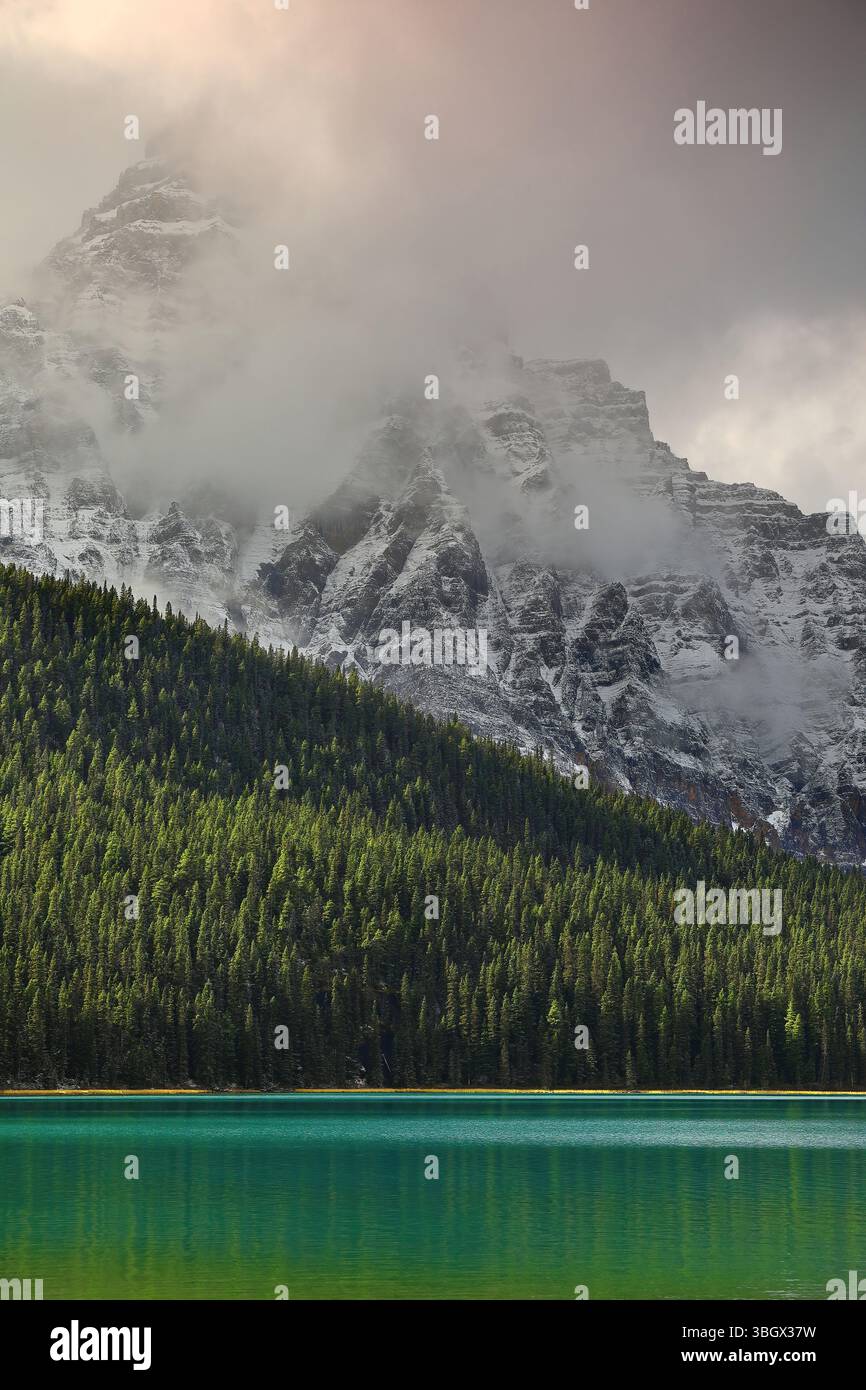 329 il lago di Lower Waterfowl, verde smeraldo, al nebbioso piede della Waputik Range, il monte Chephren, alto 3266 m, sorge sulla sua riva sud-occidentale. Banff NP-Alberta-Canada Foto Stock
