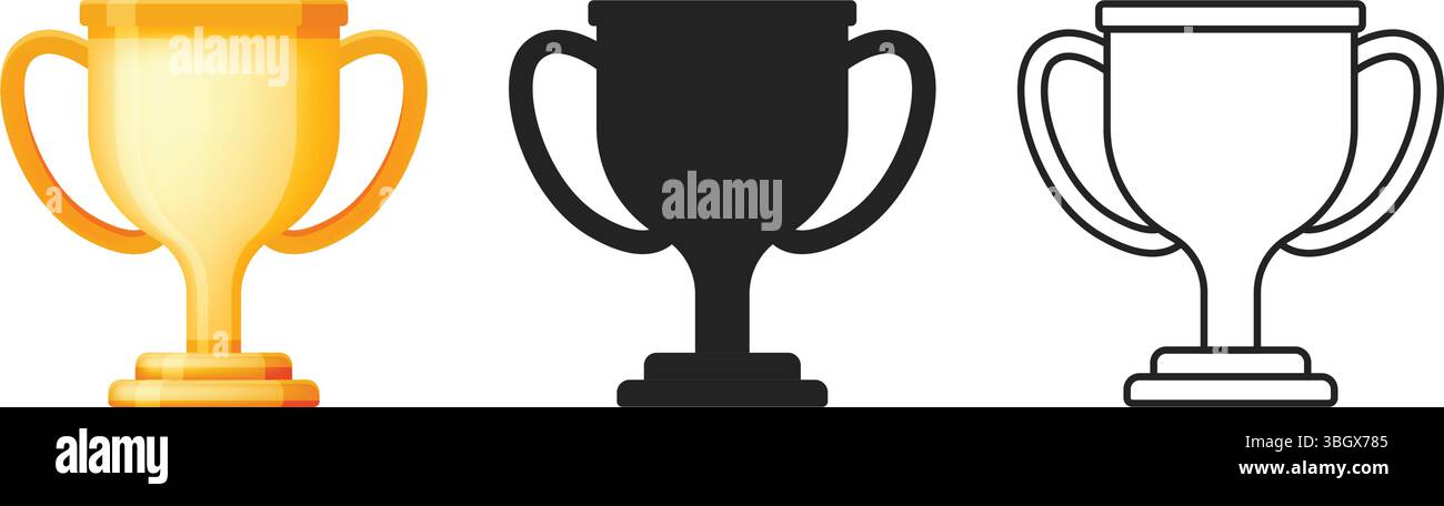 Set iconico Trophy Cup in stile piatto. Assegnare un'illustrazione vettoriale su sfondo isolato. Champion Sports Event firma il concetto di business. Illustrazione Vettoriale