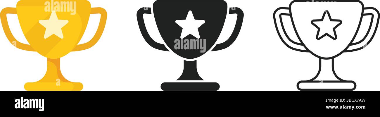 Set iconico Trophy Cup in stile piatto. Assegnare un'illustrazione vettoriale su sfondo isolato. Champion Sports Event firma il concetto di business. Illustrazione Vettoriale