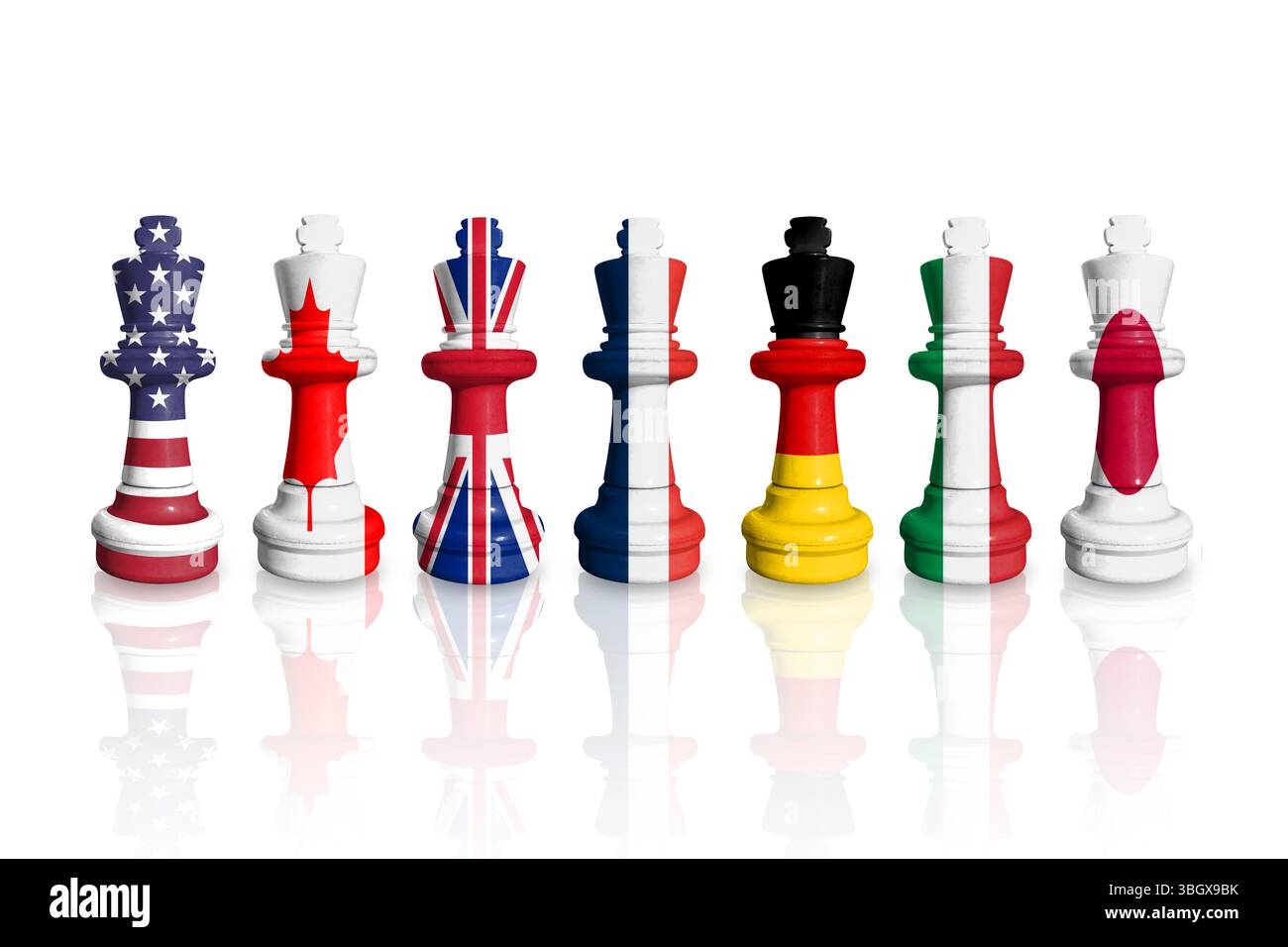 Bandiere del gruppo di sette o G7. Scacchi prodotti da Stati Uniti, Canada, Regno Unito, Francia, Italia, la Germania e il Giappone bandiere su una mappa del mondo. Foto Stock