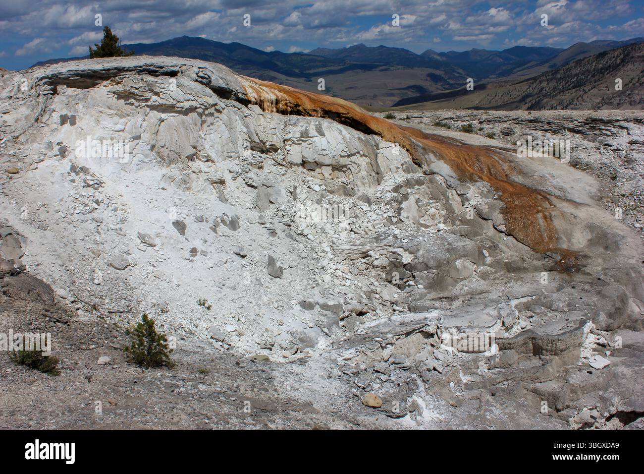 I vivaci depositi di minerali arancioni e bianchi creano motivi sorprendenti su una formazione rocciosa nel vasto paesaggio del Parco Nazionale di Yellowstone sotto un blu Foto Stock