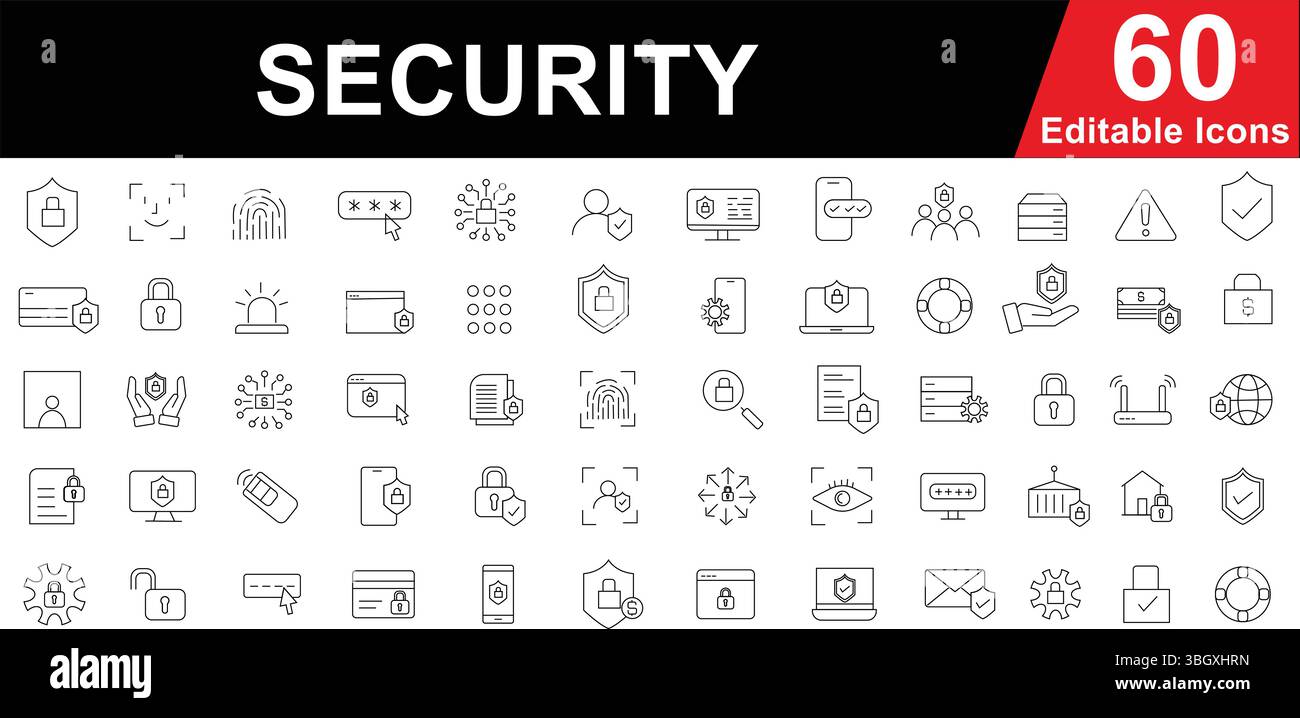 Set di icone della linea di sicurezza - simboli Cyber, dati, Privacy, rete e protezione Illustrazione Vettoriale
