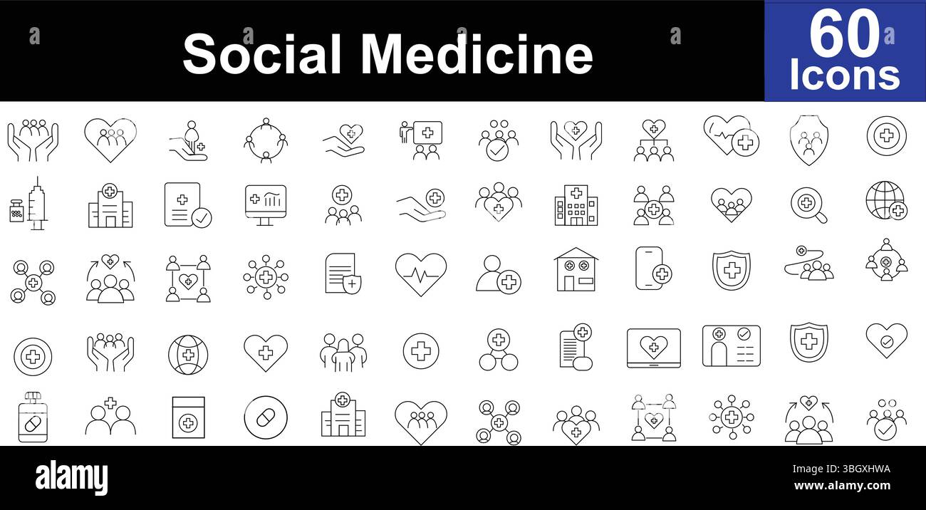 Set icone linea Medicina sociale - Sanità, Comunità, supporto e simboli benessere Illustrazione Vettoriale