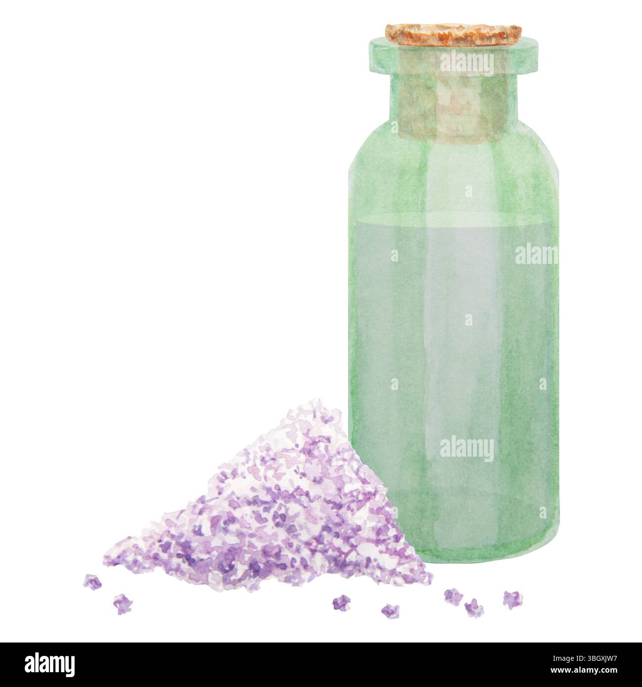 Bottiglia di vetro verde acquerello. Ritaglio, disegno, schizzo, illustrazione. Elegante grafica originale disegnata a mano. Moda, spa, bellezza, cosmetici, medicina Foto Stock