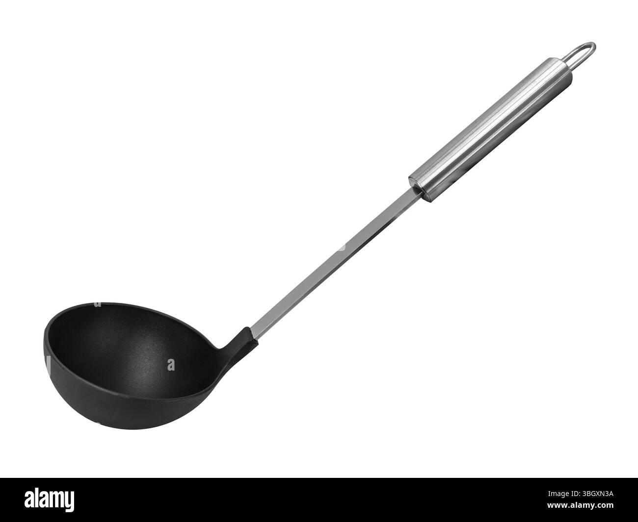 Mestolo da cucina in gomma siliconica nera con manico in acciaio inox isolato su bianco con percorso di ritaglio incluso Foto Stock