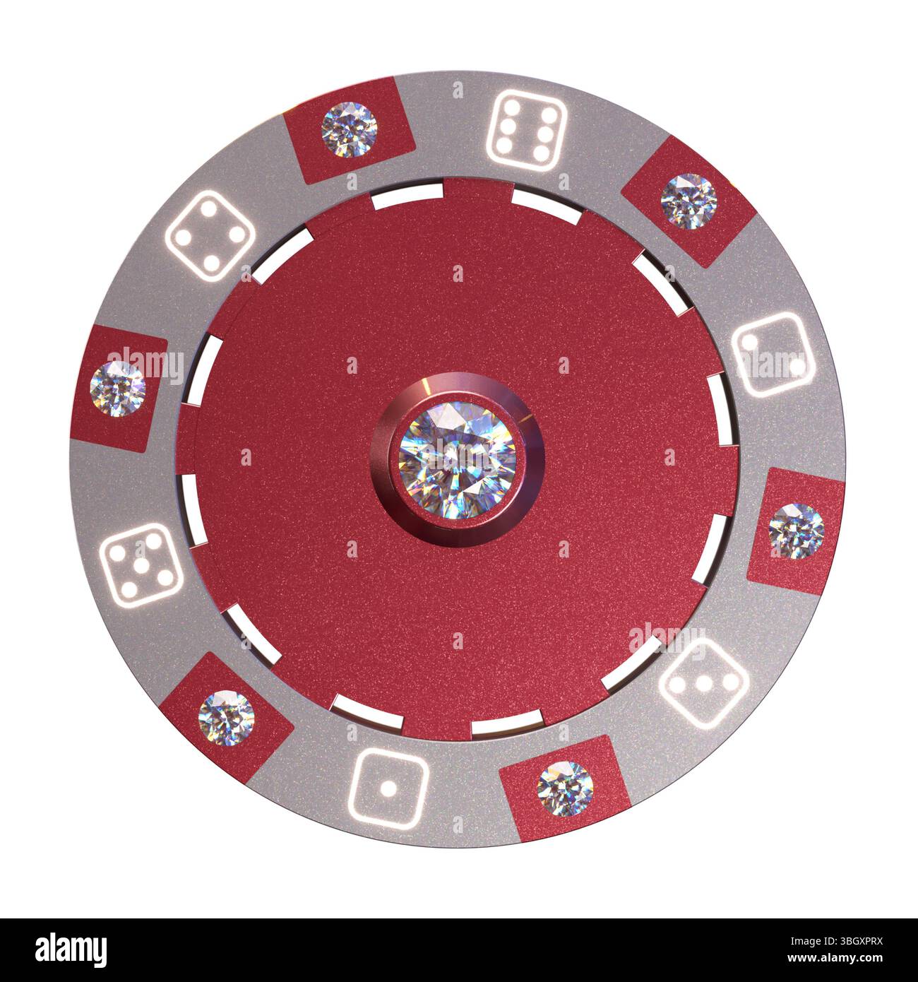 Chip da casinò rosso impreziosito da diamanti isolati in 3d. Foto Stock