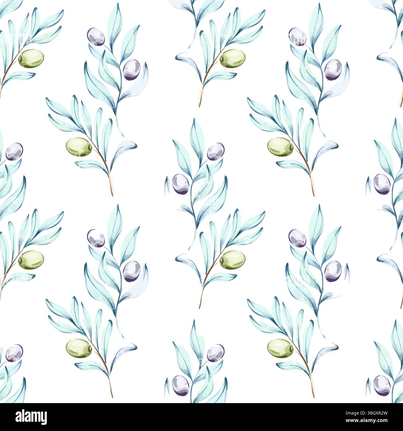 Splendido motivo senza cuciture di olive e olio d'oliva in tecnica acquerello che celebra l'essenza della cucina italiana e della natura perfetta per Illustrazione Vettoriale