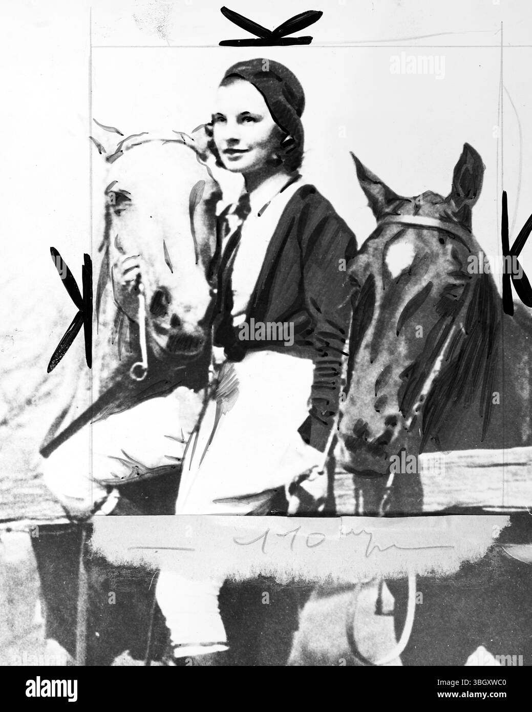 La signora Cornelius Vanderbilt Jr., l'ex Helen Varner, con i suoi cavalli. 6 gennaio 1934 Foto Stock