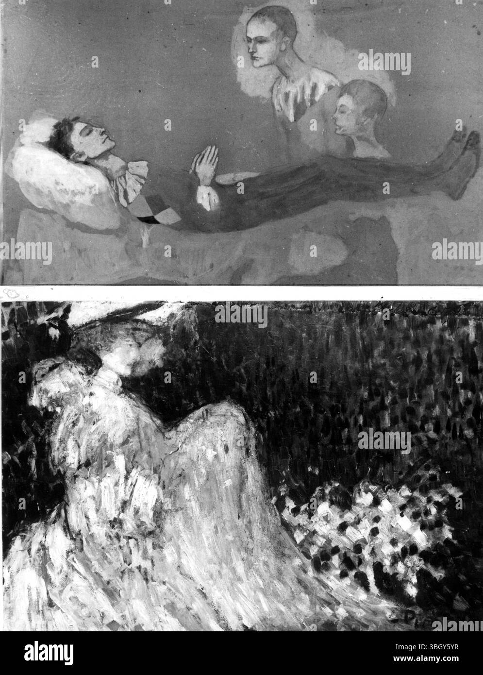 Picasso su due lati. Al pubblico più alto il dipinto di Picasso 'morte di un Arlecchino '1905, uno dei 35 quadri da cui la collezione del famoso autore Somerset Maugham, che sarà venduto presso le sale d'asta di Selfridge, Londra il 10 aprile. L'immagine è sempre stata nota per avere una seconda composizione stampata sul retro, ma poche persone l'hanno mai vista. Sul fondo il dipinto sul retro della "morte di Arlecchino" è l'immagine che mostra una donna in un vestito bianco seduta in un giardino fiorito, che Picasso deve aver dipinto quattro anni prima del 1901. Il portavoce di Southby ha detto 'W Foto Stock