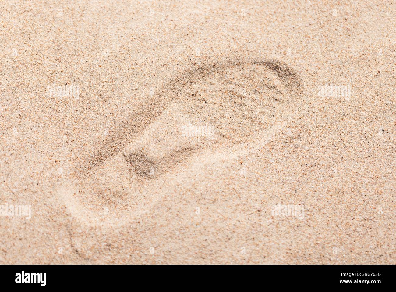 Vista dettagliata di una singola impronta impressa nella sabbia fine, che simboleggia la solitudine, il movimento e la connessione con la natura in un ambiente tranquillo e sereno Foto Stock