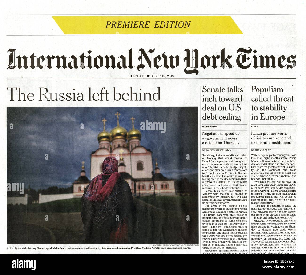 Prima di copertina del giornale della Premier Edition dell'International New York Times - martedì 15 ottobre 2013 Foto Stock